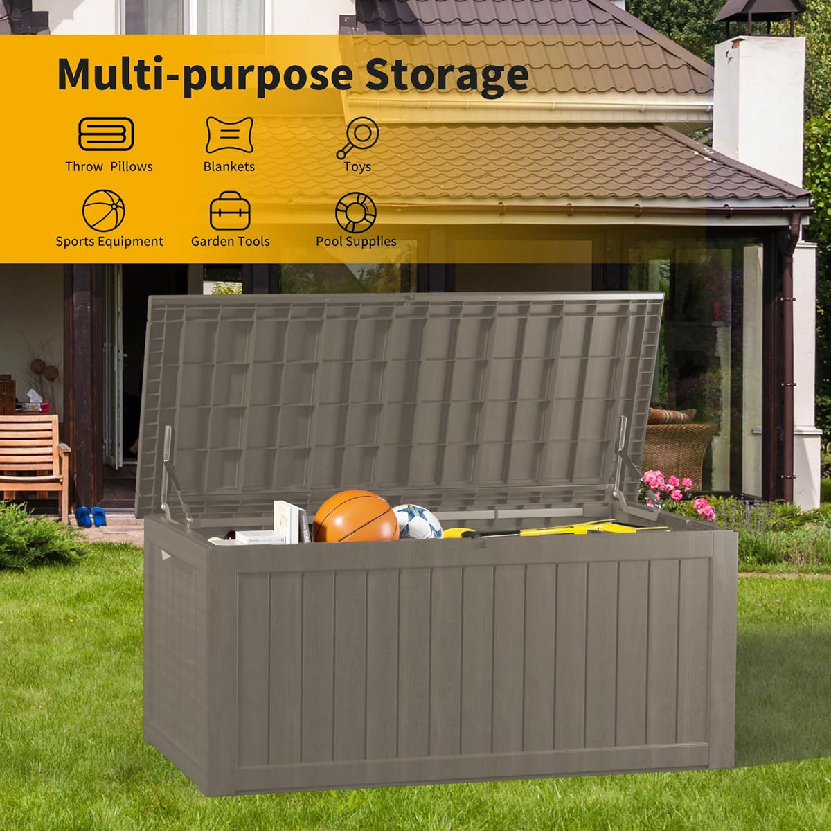 TARKARI 270 Gallon Lockable Resin Deck Box, Waterproof & UV-Resistant Outdoor Storage Box for Outdoor Cushion Storage, Garden Tools & Pool Accessories Storage, Gray
