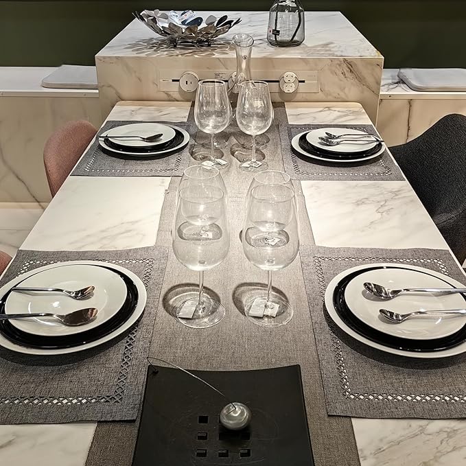 Placemats Set of 6 for Dining Table with Hollow Edge Design- Table Mats 12x 18 Inch, Cloth Place mats Machine Washable (Grey 6pcs)