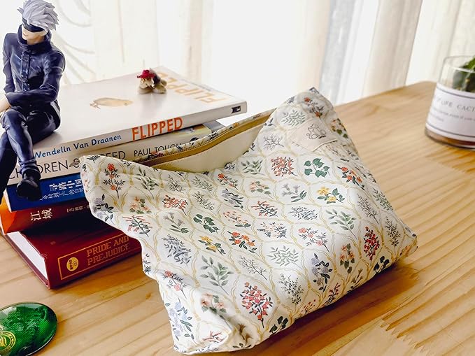 HAPPYHEIDI Large Floral Cotton Makeup Bag Cosmetic Travel Pouch, Make Up Purse Organizer, Canvas Lined Cute Grid Flower Show