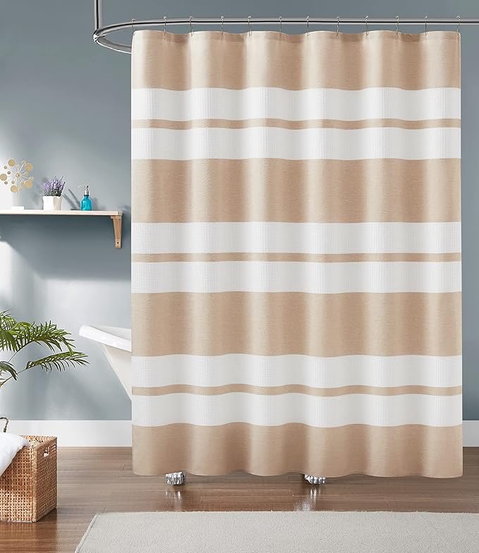 Warm Home Designs White Waffle Shower Curtain with Tan Fabric Stripes. Each Waffle Weave Shower Curtain Measures 70 x 72 Inches. Striped White & Linen Brown Shower Curtains for Bathroom. W Linen 72"
