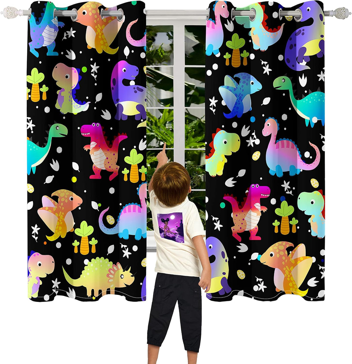 Dinosaur Curtains for Boys Bedroom, Cartoon Dinosaurs Blackout Curtains, Cute Dino Print Window Curtains Dinosaur Room Decor for Boys Kids Curtain Panels Set, 2 Panels, 82" x 63"