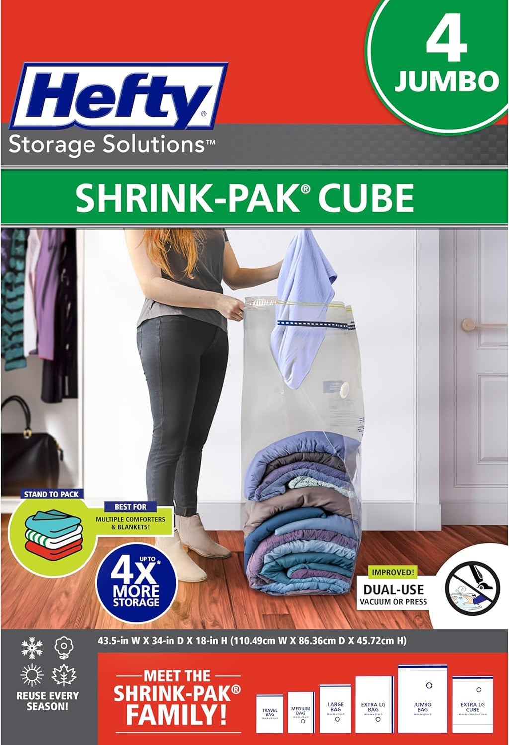 Hefty Shrink-Pak Vacuum Storage Bags – For Clothes, Pillows, Towels, Blankets & More – Space Saver Vacuum Suction Sealer Bags for Home or Travel – 4 Jumbo Cubes, 43.5 x 34 x 18 Inches