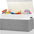 Extra Large Toy Storage Box with Lid, Sturdy Toys Storage Chest Bin Organizer Basket with Dividers for Kids, Boys, Girls, Nursery, Closet, Bedroom, Playroom 35.5"x17" x17"(Grey and White)