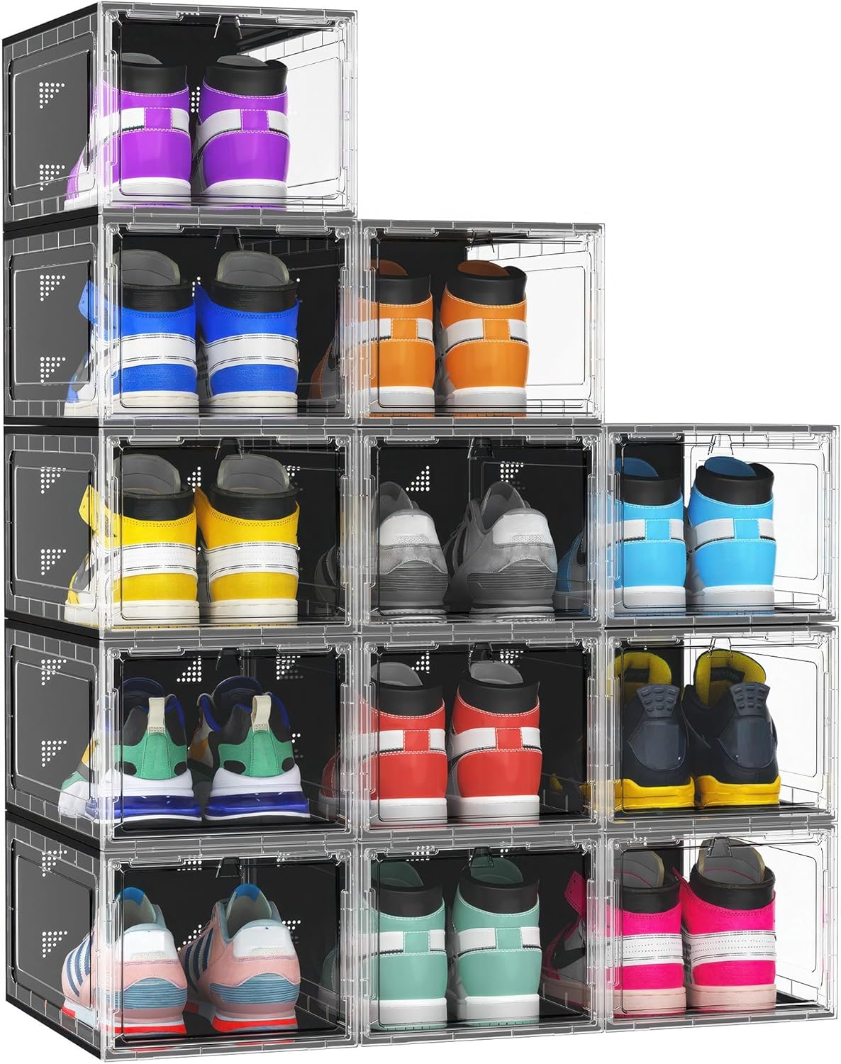 10 Pack Hard Sturdy Thickened Rigid XX Large Shoe Storage Organizer for Closet, Clear Stackable Sneaker Shoe Boxes Rack Containers Display Case Bins with Lids, Black Clear02
