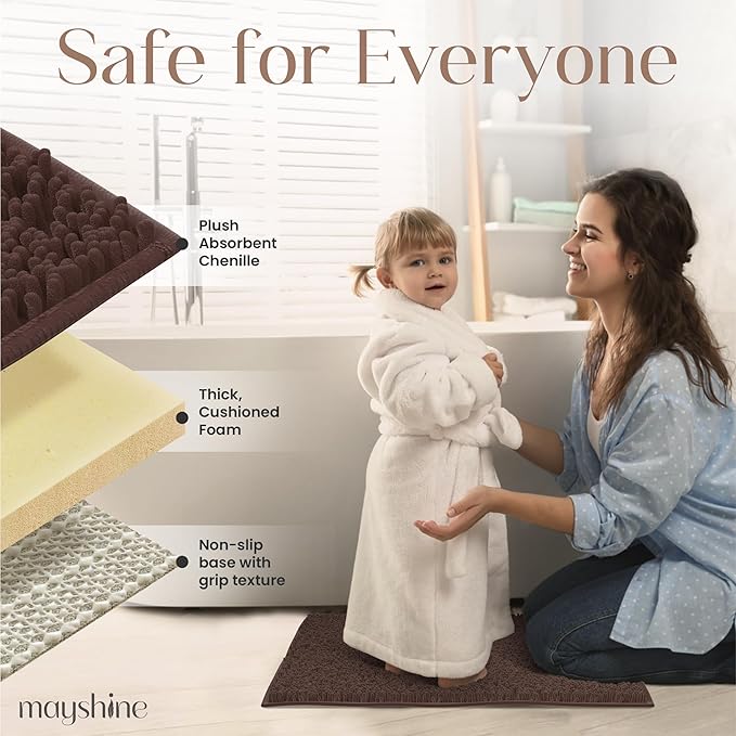 MAYSHINE Plush Shaggy Chenille Bath Mat | Extra Soft, Super Absorbent, Non-Slip Bathroom Rug | Fluffy Microfiber, Area Rug Sets for Bathroom Floor, Kitchen, Living Room | 32"x20" | Brown