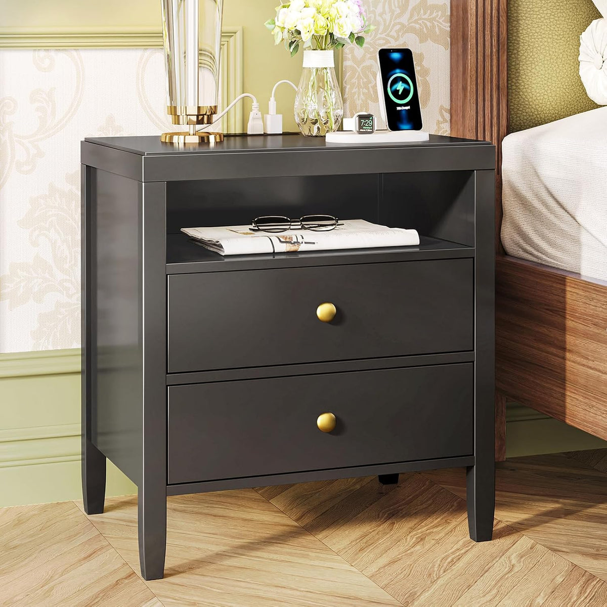 Huuger Black Nightstand Set of 2, Night Stand with Charger Station, Bedside Table with 2 Drawers, Bed Side Tables for Bedroom, Modern Nightstands, Metal Knobs, Painted Surface