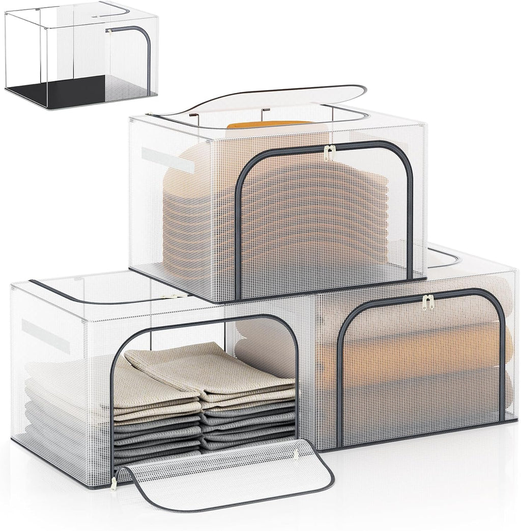 Large size 66L Fully Transparent Openings Clothes Storage Bins with Metal Frame, Stackable & Foldable Storage Box with Lids, Closet Organizers, Cap, Sweater.(19.7x 15.75 x 13 Inches)