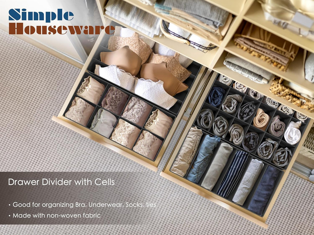 Simple Houseware 4-Pack Drawer Organizer Set - Closet Dividers for Underwear, Socks, Bras, Scarves, Ties - Foldable Non-Woven Storage Boxes, Dark Gray