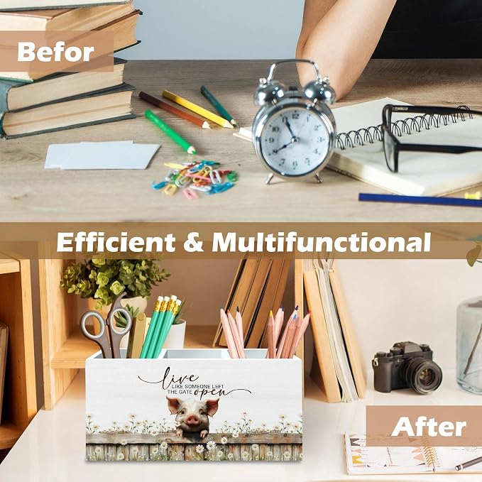 DILSJ Pig Inspirational Pen Pencil Holder Organizer for Desk, Pig Lovers Gifts, Live Like Someone Left the Gate Open Wooden Box Signs for Home Office Desk Tabletop Decoration