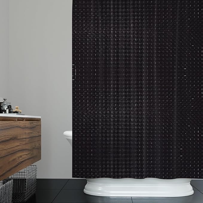 ggaimwf 72x72 Inch Solid Color Shower Curtain for Bathroom Waffle Bath Water Resistant Fabric Curtains Raisin Black Modern Thick Shower Stall Curtain with Metal Hooks