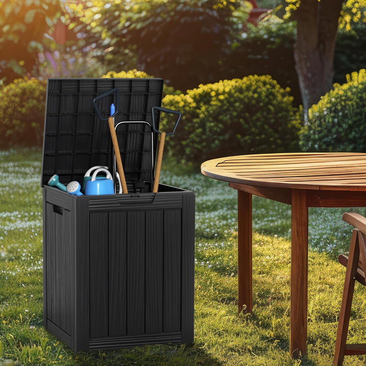 28 Gallon Resin Deck Box, Lockable Patio Outdoor Storage Box for Furniture, Garden Tools and Tools Storage, Waterproof Outside Storage Boxes - Black