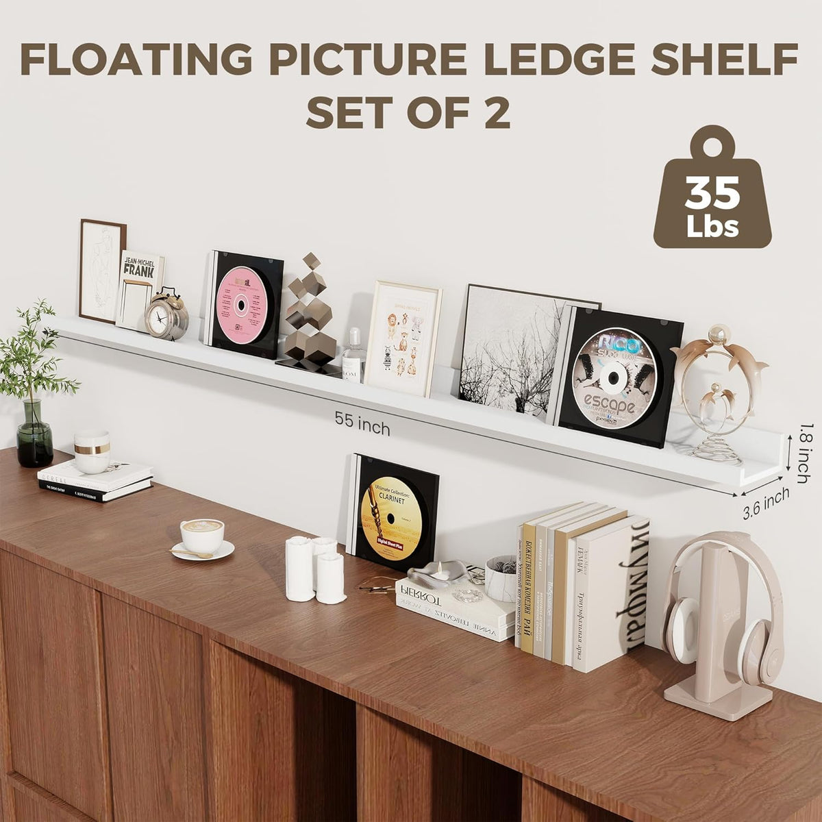 Axeman White Floating Shelves - 55 Inch Picture Ledge Shelf Set of 2 - Floating Wall Shelves with Lip - Picture Shelf for Wall with Ledge - Photo Ledge Shelves