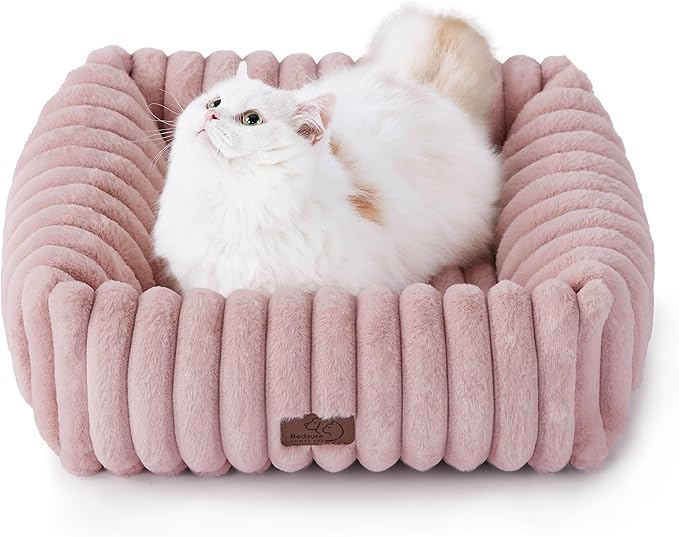 Bedsure Cute Dog Bed for Small Dogs & Cats - Washable Furry Puppy Beds, Rectangle Orthopedic Corduroy Fleece Pet Beds with Removable Zipper Cover, 20x19x6inches, Blush Pink