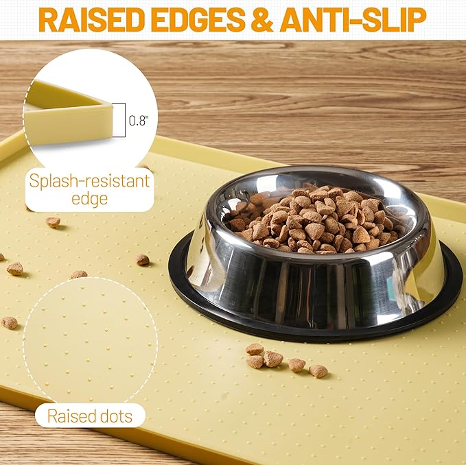 Hubulk Dog Feeding Mat,100% Waterproof Food Grade Silicone Pet Food and Water Bowl Placemat,Dishwasher, High Raised Edge to Prevent Spills,Nonslip Tray to Stop Messes on Floor（28"x18"x0.8", Yellow）