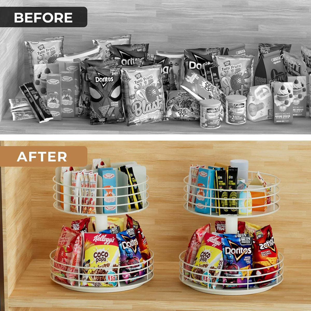 Snack Organizer - Versatile Snack Storage 2 Tier Lazy Susan with Convenient Grab-and-Go Design, Metal Snack Holder for Home, Office, Breakroom, 12.13" L x 12.13" W x 12.56" H (Matte White)
