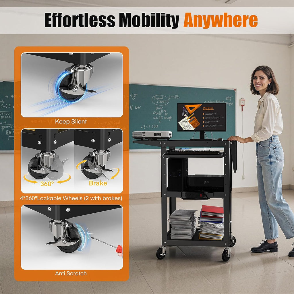 All-Steel Rolling AV Cart with Adjustable Height & Built-in Power – Heavy-Duty Media Workstation with Drop-Leaf Shelves & Wheels for Projectors, Laptops, Printers – Classroom, Office & Studio, Black