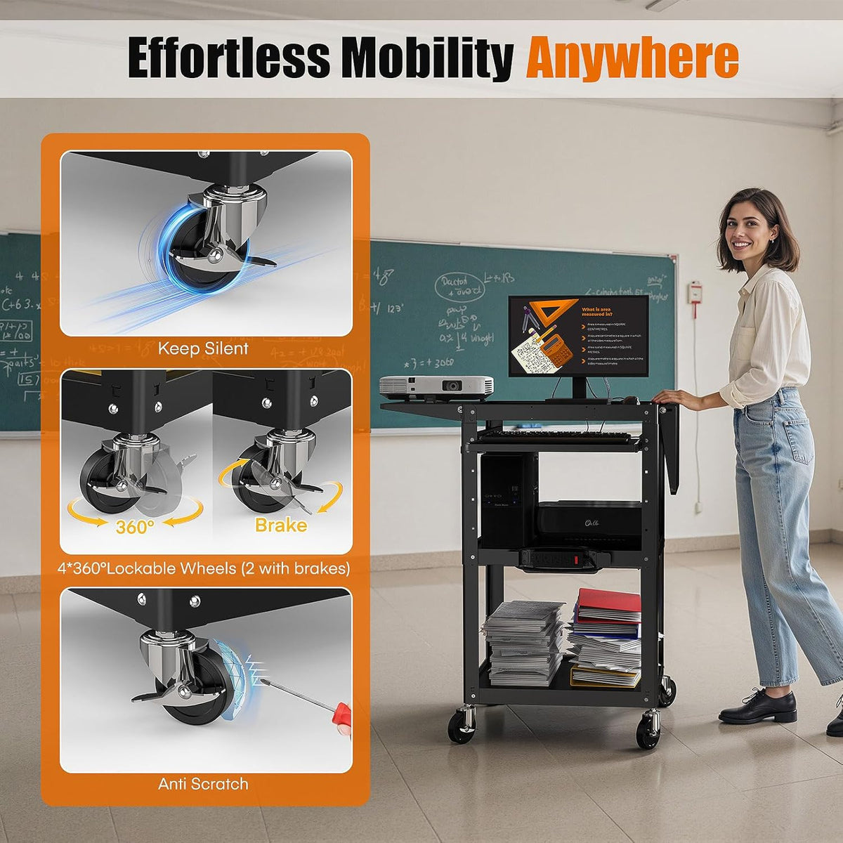 All-Steel Rolling AV Cart with Adjustable Height & Built-in Power – Heavy-Duty Media Workstation with Drop-Leaf Shelves & Wheels for Projectors, Laptops, Printers – Classroom, Office & Studio, Black