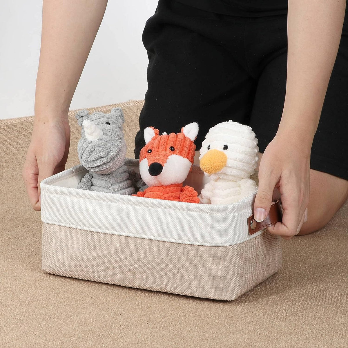 DULLEMELO Small Storage Bins, Storage Baskets for Organizing, Collapsible Rectangular Fabric Baskets for Shelves, Closets, Nursery, Home, Office, Empty Gift Baskets (6-Pack, White&Khaki)