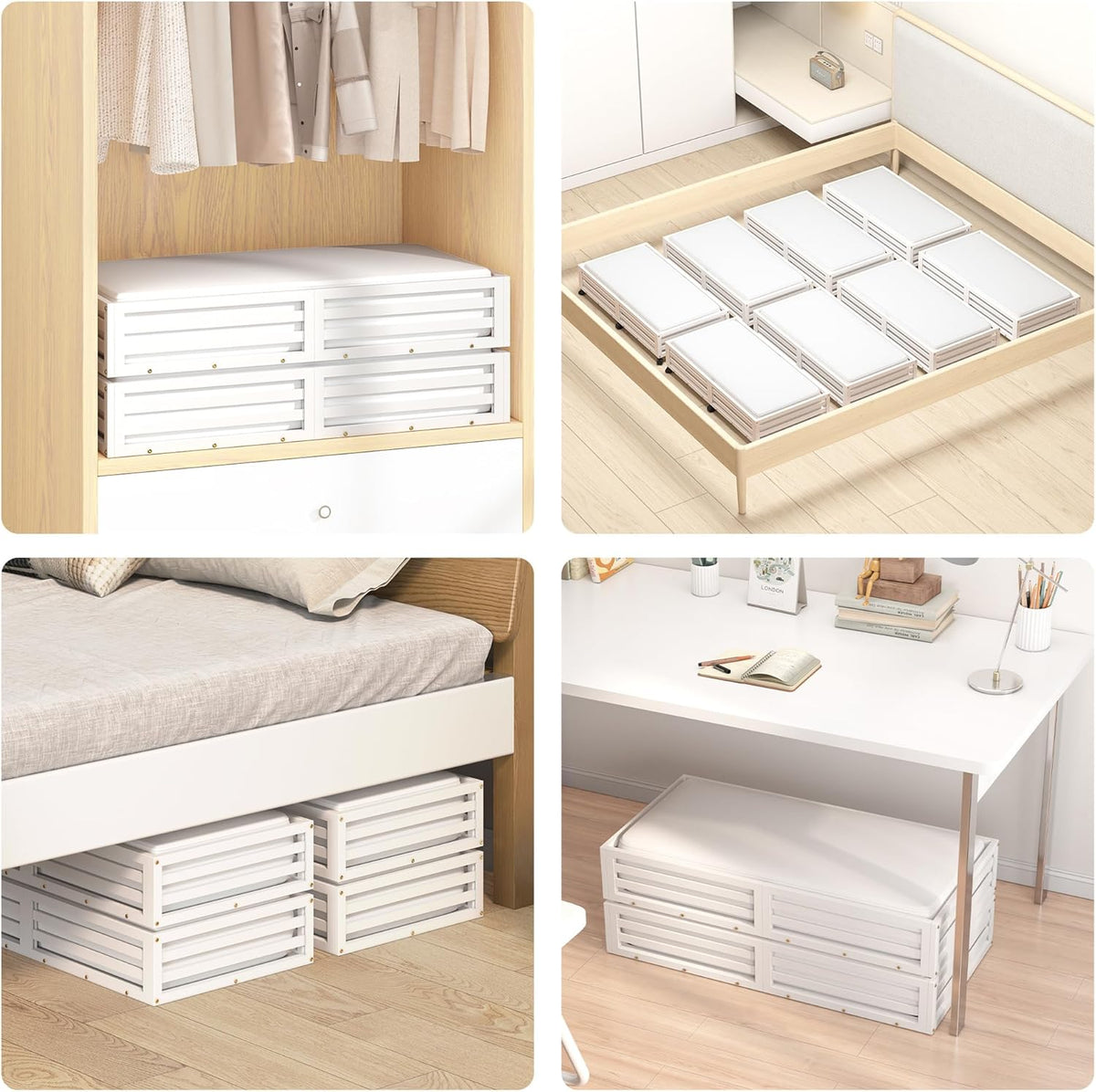 Wisuce Bamboo Under Bed Storage Containers- Underbed Organizer with Wheels with Large Dust Bag,Sturdy Wood Rolling Under the Bed Shoe Storage Organizer Drawer 2 Packs (White, Long)