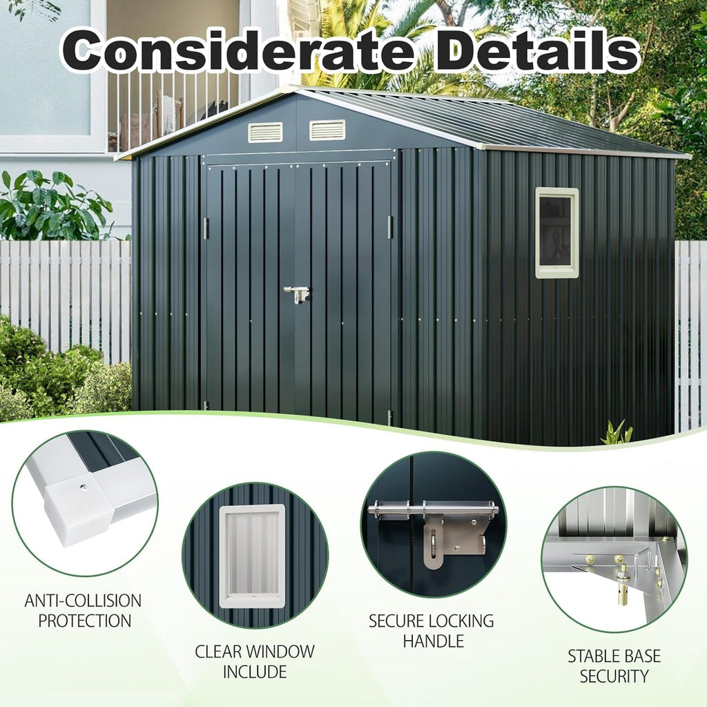 Breezz 6x8FT Outdoor Steel Storage Shed with Frame Floor,Clear Window, Lockable Doors, Weather-Resistant Metal Tool Shed for Garden, Backyard, Patio, and Utility Storage