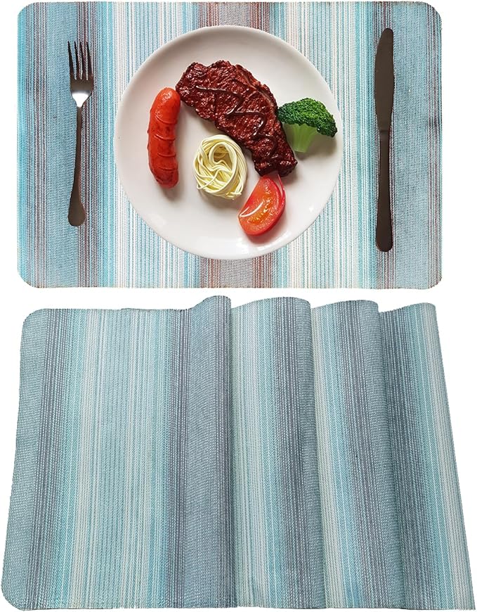 Green Stripes Table Cloth Set - Placemats Set of 4 & 6, Washable Textile Mats 12"x18"