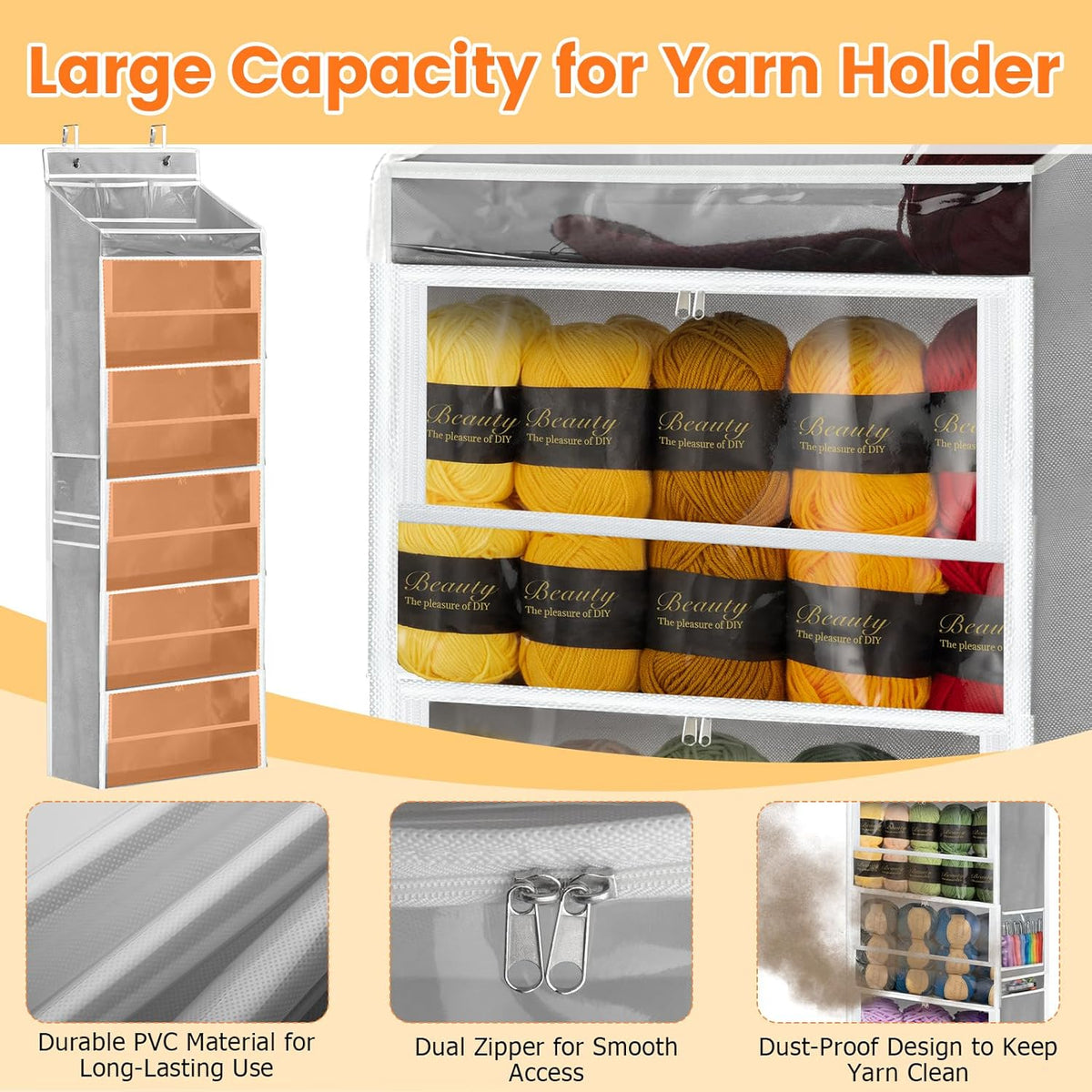 Yarn Storage Organizer, Grey Yarn Holder Over the Door Hanging Crochet Kit Storage with 5 Zippered Compartments, Large Capacity Sewing Organizer Gifts for Knitters Needles Crochet Hooks