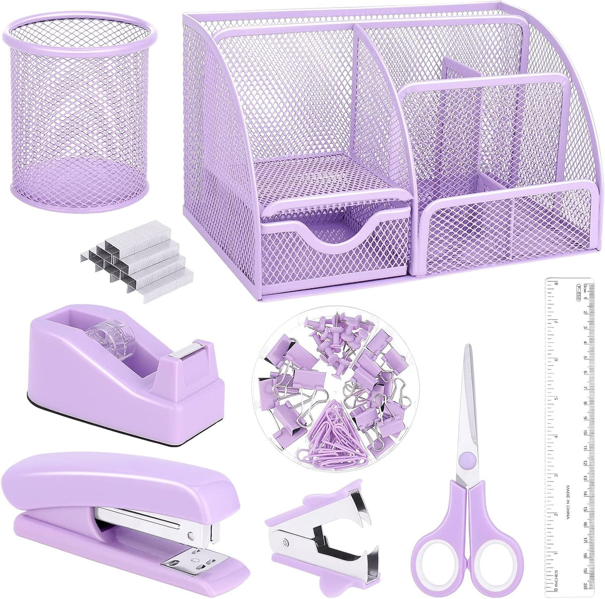 Purple Mesh Desk Organizer and Accessories, Purple Office Supplies 7 Compartments Desk Organizer with Stapler,Tape Dispenser,1000 Staples,Pen Holder,Staple Remover,Clips,Ruler,Scissors