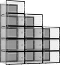 Kuject XX-Large Shoe Storage Boxes Organizers Clear Plastic Stackable 12 Pack, Shoe Rack & Holder Substitute, Sneaker Containers, Toy Storage Organizer Bins for Entryway, Closet, Under Bed, Black