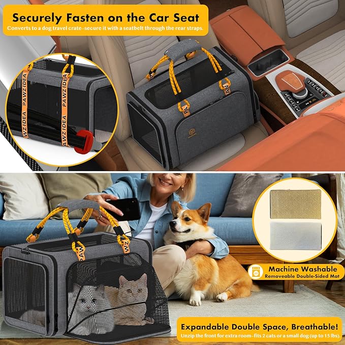 PAWZIDEA Expandable Pet Carrier Airline Approved, 18×11×11 Inches Small Dog Carriers, Collapsible Top-Load Cat Carrier for 2 Cats Under Seat, Soft-Sided Puppy & Animal Travel Bag, ID Card, Up to 15lbs