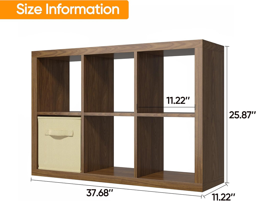 furtble Bookshelf with Storage Bin, 6-Cube Storage Organizer, Modern Wood Open Bookcase, Multifunctional Display Shelf for Living Room, Bedroom, Home Office, Classic Oak