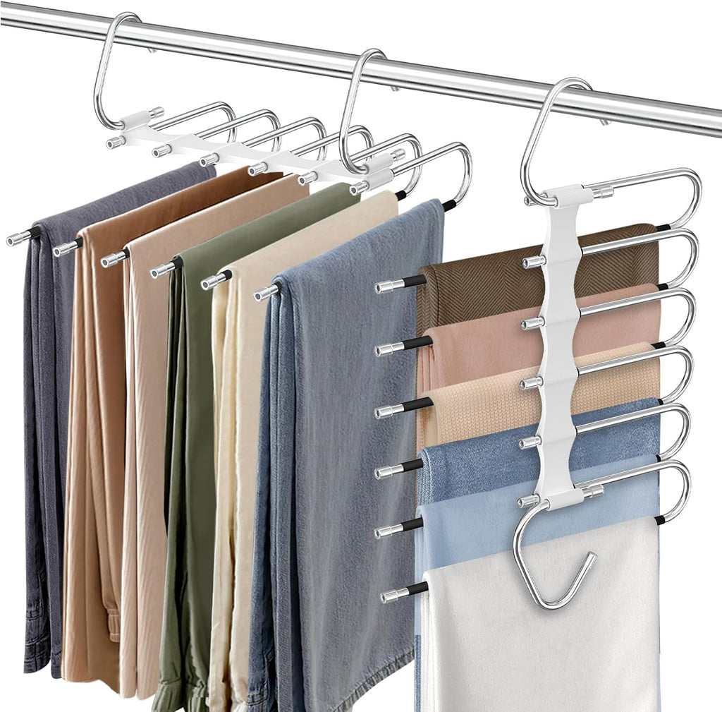 Upgrade 6 Layers Pants Hangers Space Saving, 2Pack Stainless Steel Multifunctional Rack Non Slip S-Type Clothes Jean Hanger Closet Organizer for Jeans Leggings Trousers Skirts Scarf, White