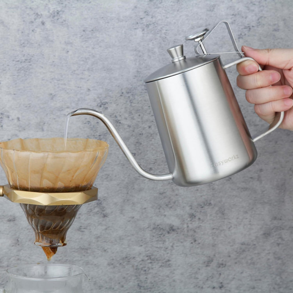 Easyworkz Gage Gooseneck Pour Over Coffee Kettle 20 oz with Thermometer Stainless Steel Hand Drip Coffee Pot With Long Narrow Spout, Silver