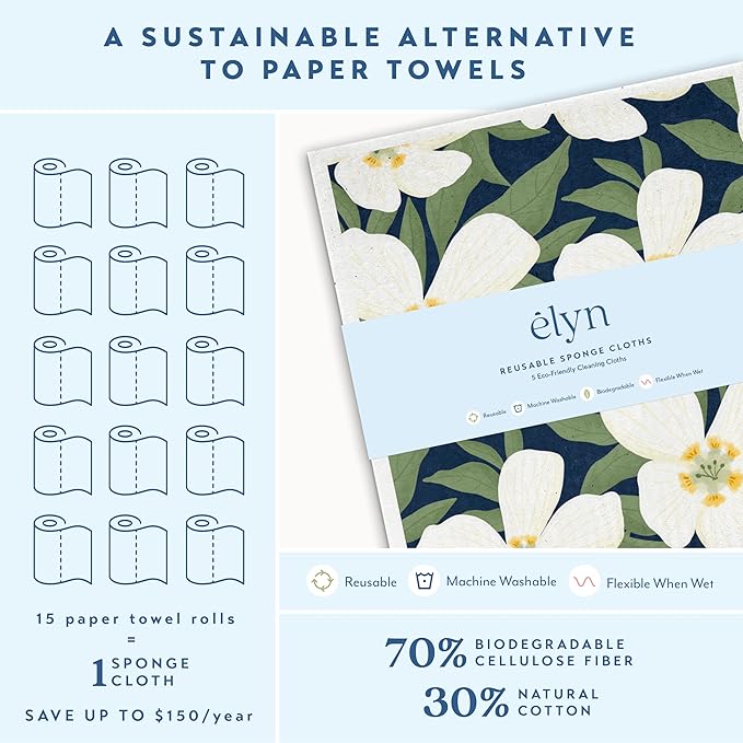 ELYN Swedish Dishcloths, Reusable & Washable Sponge Cloths, Absorbent Cleaning Paper Towels for Kitchen, Dishes, Counters and More, 5 Pack, Assorted Magnolia & Gingham Patterns