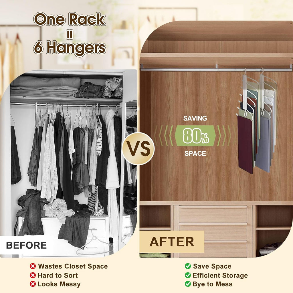 Space Saving Pants Hanger 6 Tier - Stainless Steel No Slip Multi Trouser Rack for Jeans, Slacks, Scarves - Vertical Folding Closet Organizer Saver for Men Women, 2 Pack
