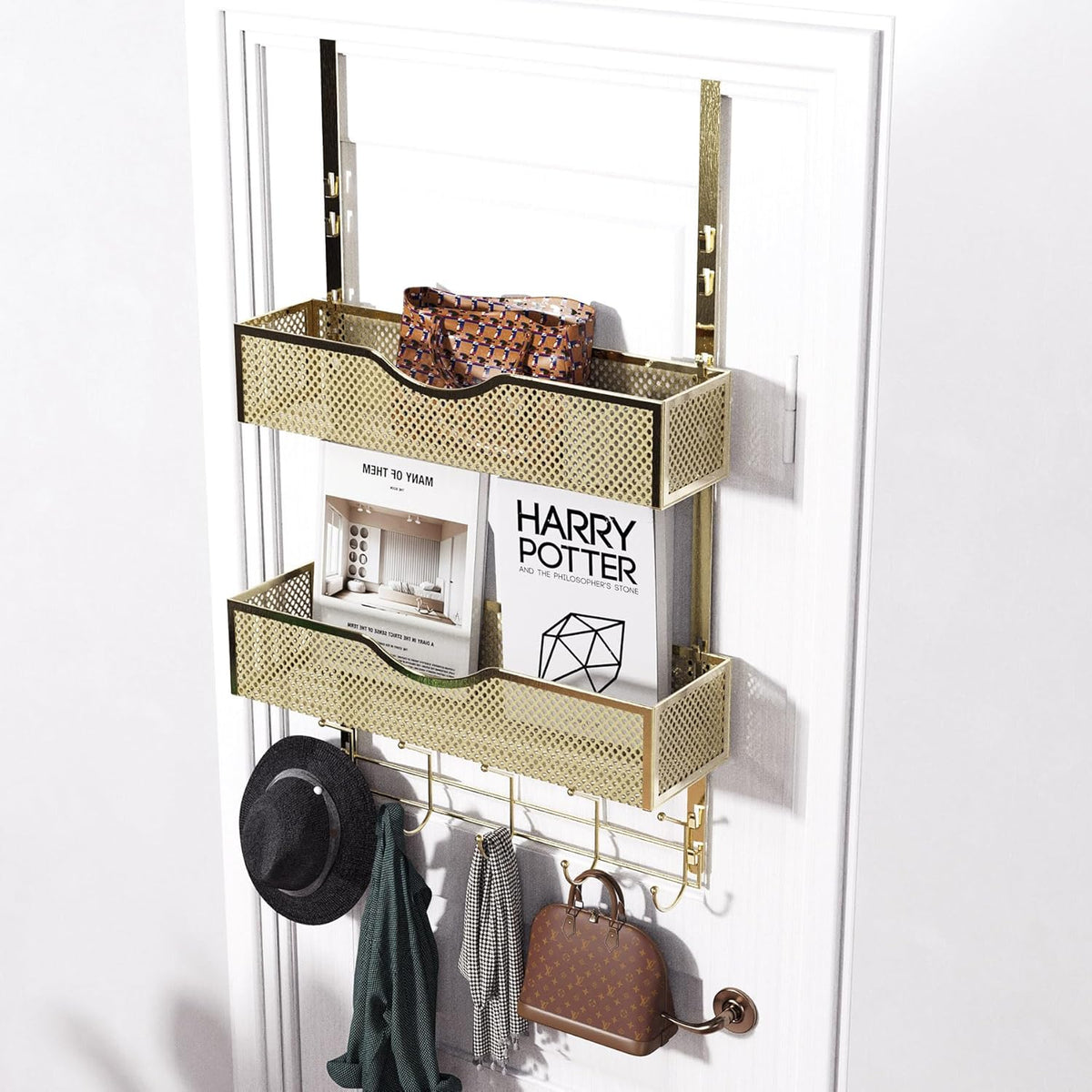 BRENNHOLZ Over The Door Hooks Organizer,Coat Rack with 10 Hooks and 2 Mesh Baskets,Back of Door Storage Organizer for Bathroom,Bedroom,Kitchen,Office(Golden)