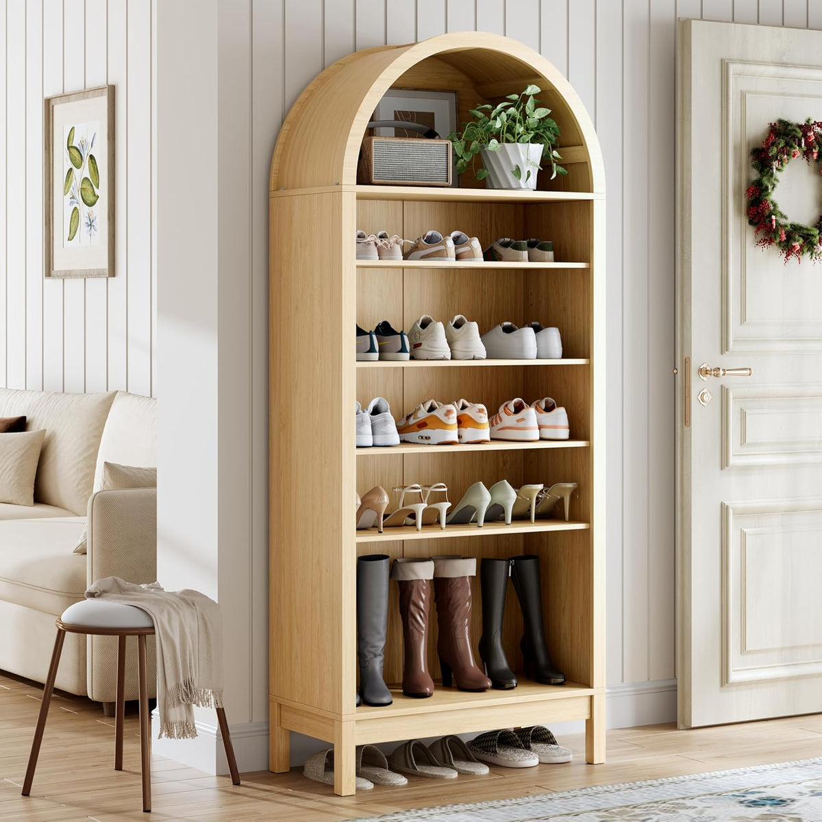 70" Tall Arched Shoe Cabinet, 7-Tier Shoe Rack with 3 Adjustable Shelves, Large Freestanding Shoe Organizer for Entryway, Closet, Hallway, Living Room (Natural Oak)