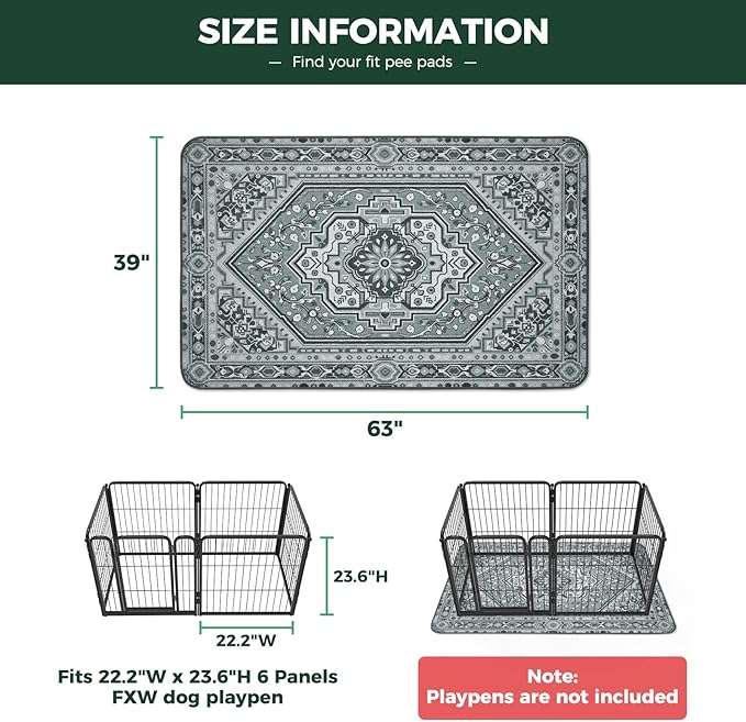 FXW Washable Pee Pads for Dogs, Puppy Pads with Super Absorbent, Specifically Designed for FXW Rollick/Homeplus 24inch 6 Panels Dog Playpen, 39" x 63" Rectangle, Boho Grey, 1 Pack