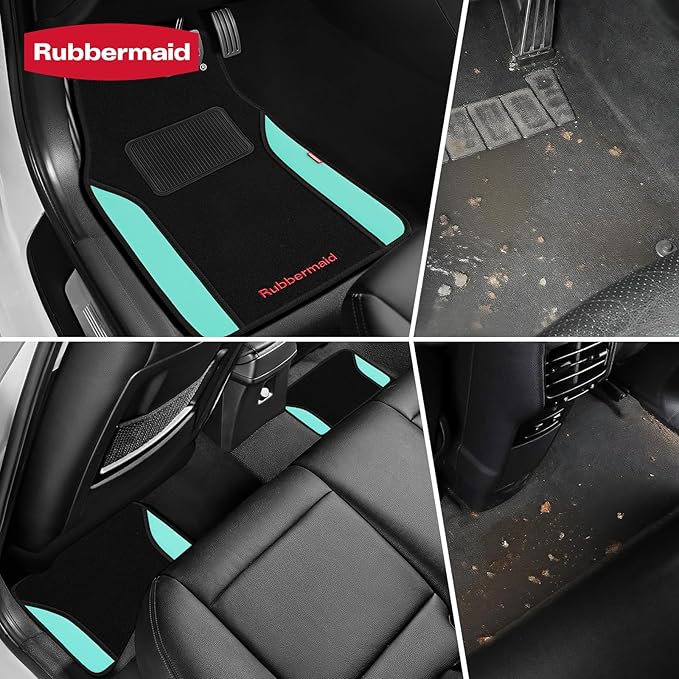 Rubbermaid Car Mats, Carpeted Floor Car Mat with Faux Leather & Built-in Heel Pad, Two-Tone Car Rug Floor Mats, Stylish Carpeted Floor Mats for Cars, Trucks & SUVs Mint Color