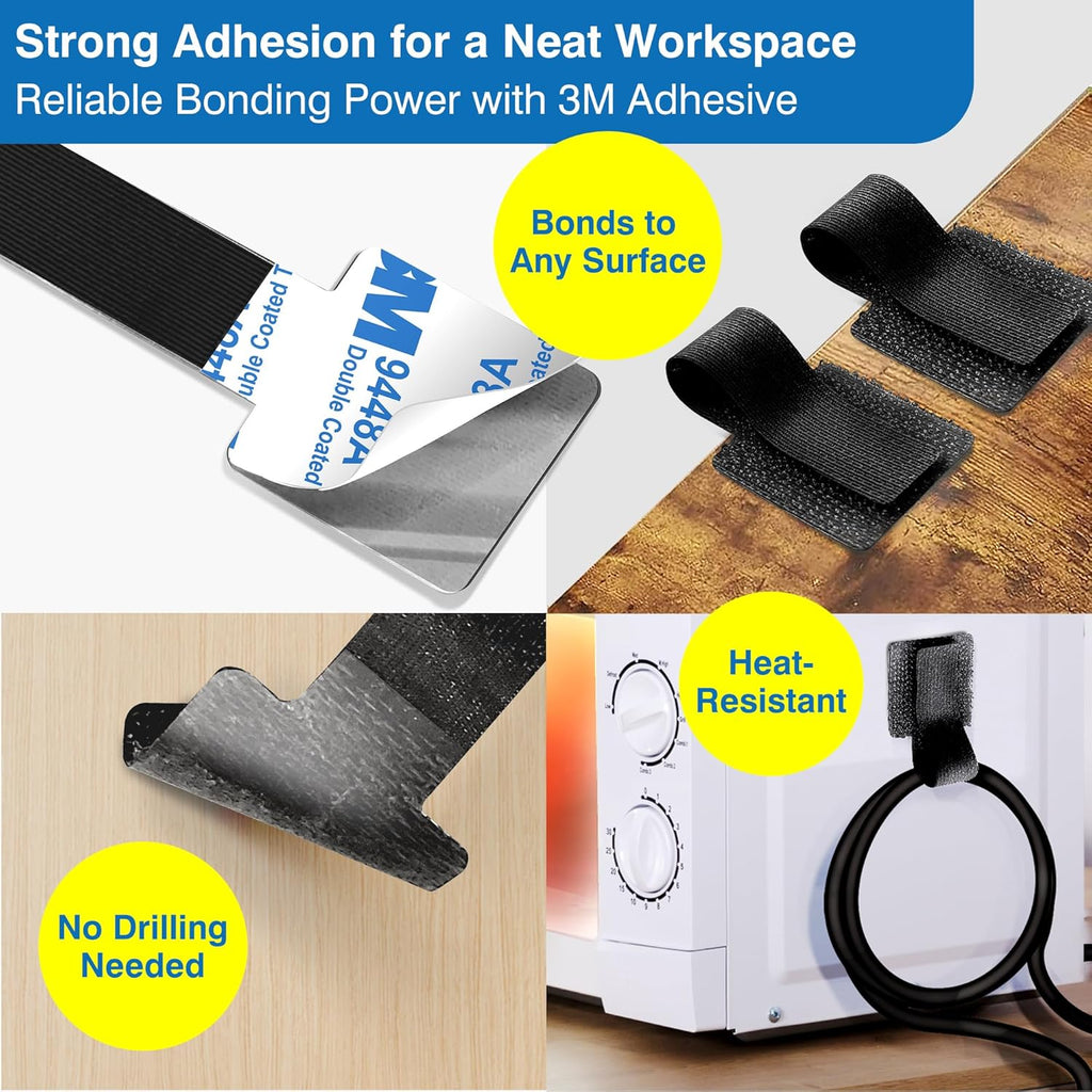 Cable Management Kit – 40 Self-Adhesive Hook and Loop Ties with 2 Extension Straps – Made with 3M Tape, Back-Sticky Cord Organizer for Under Desk, Wall, Home, Office – Adjustable Wire Holders (Black)