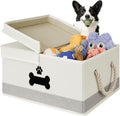 Dog Toy Basket with Double-Open Lid, Divided Dogs Basket for Toys, Collapsible Pet Toys Box, Dog Storage Organizer with 2 Divided Area, Puppy Toy Baskets with Rope Handles, Beige & Gray