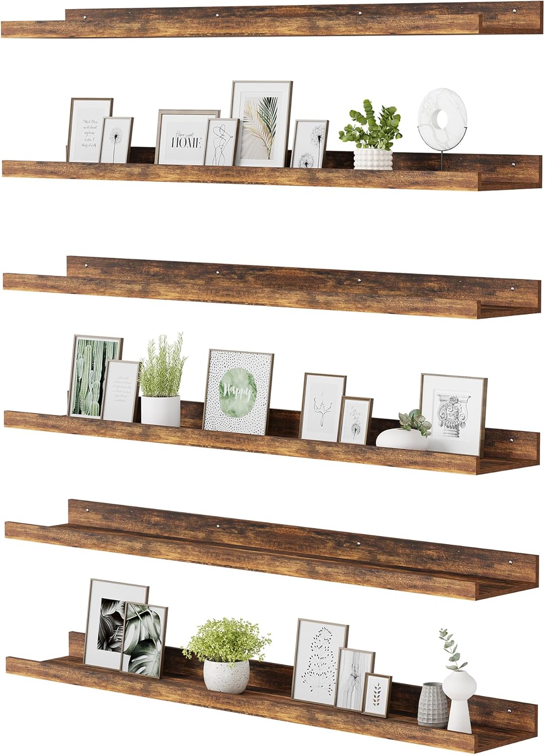 upsimples Floating Shelves for Wall, 47.3 Inch Shelves for Decor Storage Set of 6, Wall Mounted Wood Shelf for Bedroom, Living Room, Bathroom, Kitchen, Long Picture Ledge Shelves, Brown