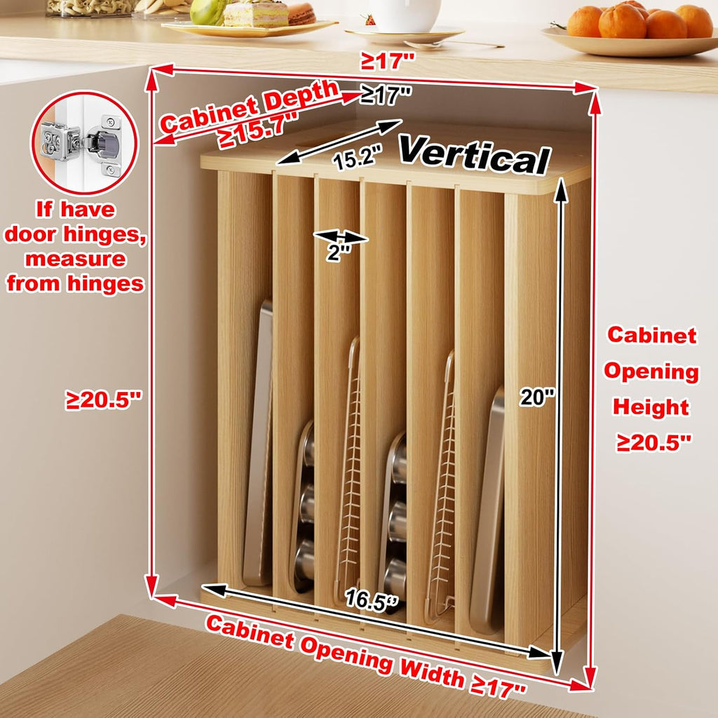 7 Tier Wooden Tray Dividers for Cabinets Cookie Sheet Organizer for Pot, Pans, Baking Tray Organizer for Kitchen Documents Storage(20" W x 16.5" H x 15.2" D)