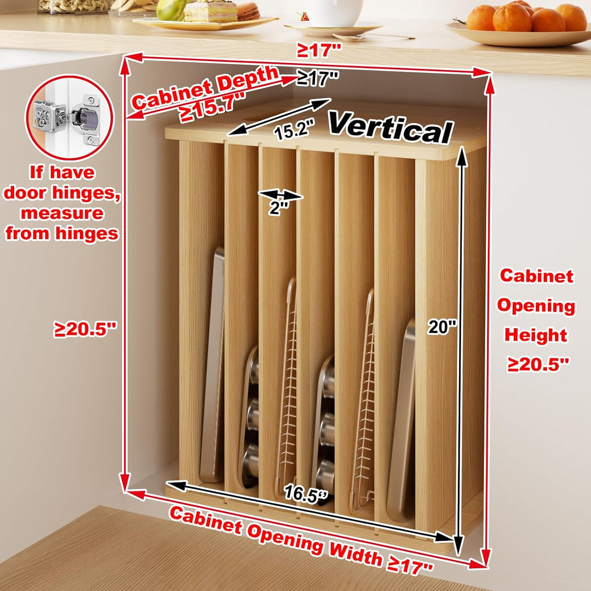 7 Tier Wooden Tray Dividers for Cabinets Cookie Sheet Organizer for Pot, Pans, Baking Tray Organizer for Kitchen Documents Storage(20" W x 16.5" H x 15.2" D)