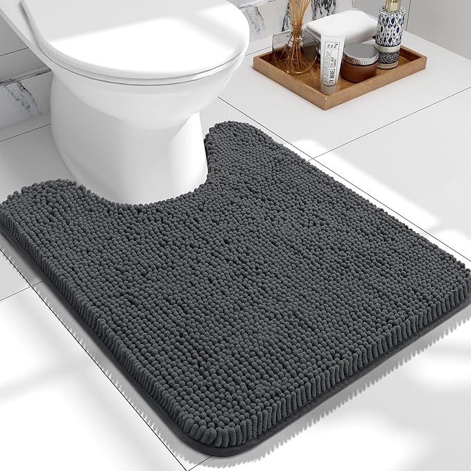 OLANLY Toilet Rugs U-Shaped 24x20, Extra Soft Absorbent Chenille Contour Bathroom Rugs for Toilet, Dry Quickly, Machine Washable, Non-Slip Bath Mat, Dark Grey