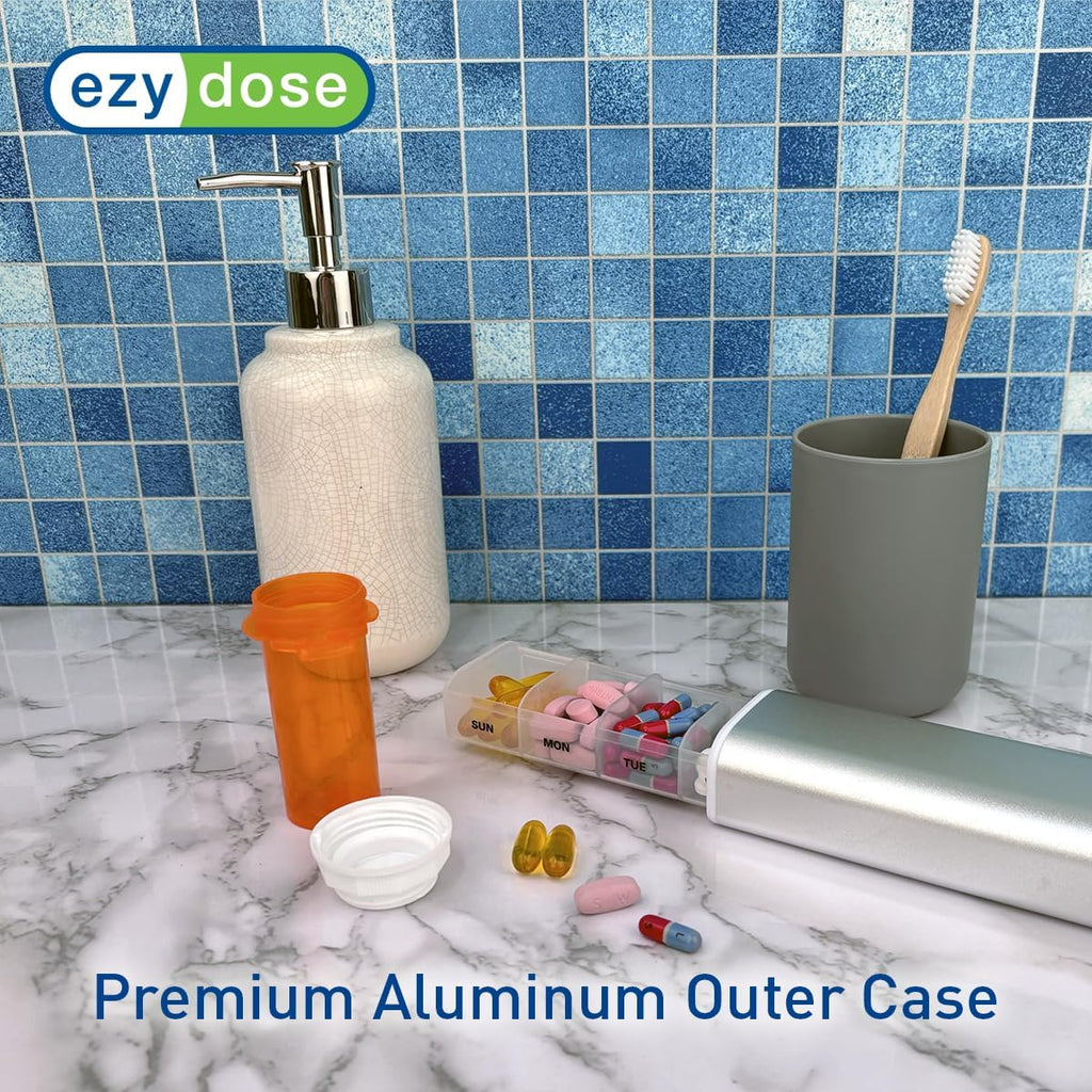 EZY DOSE Slide Pill Organizer, Stylish Medication Storage Case with Durable BPA-Free Plastic with Aluminum Exterior, Large 7-Day Weekly Compartments, Tablets, Vitamins, Compact, 9-Inch, Gray