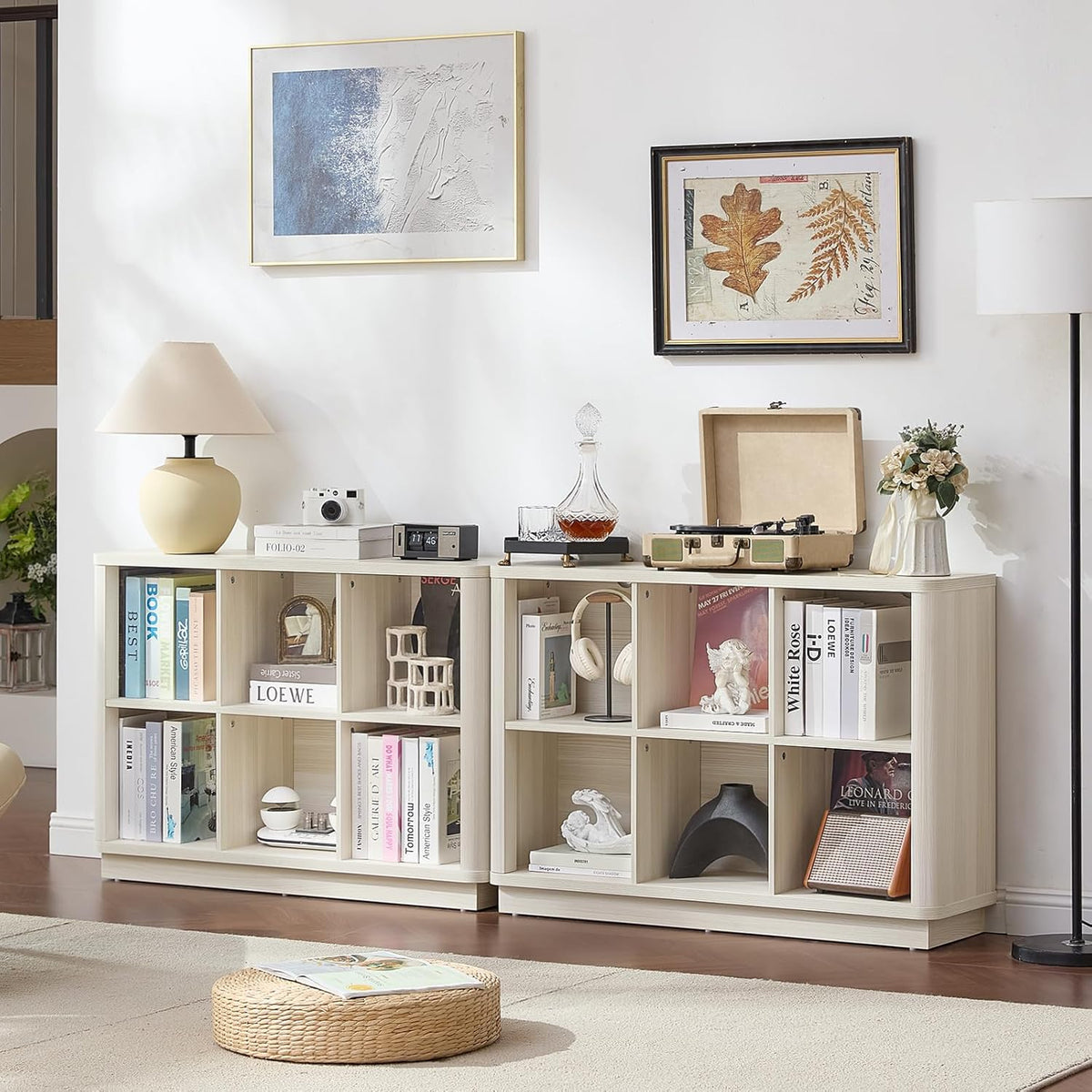 6 Cube Bookcase, 40" Wide Low Horizontal Book Shelf w/Curved Edge, Wood Floor Standing 2-Tier Bookshelf with Base, Modern Short Storage Cabinet Book Case for Bedroom, Office, White Cream Oak