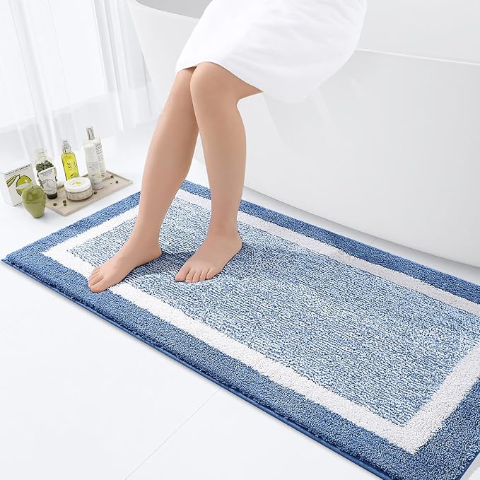 OLANLY Bathroom Rugs 47x24, Extra Soft and Absorbent Microfiber Bath Mat, Non-Slip, Machine Washable, Quick Dry Shaggy Bath Carpet, Suitable for Bathroom Floor, Tub, Shower (Runner, Blue)