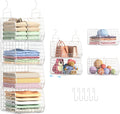 4" Extra Deeper Foldable Hanging Closet Organizer, Small Wire Cabinet Shelves and Storage with 5 S Hooks,4 Tier Metal Basket Bins for Clothes Sweaters Handbags, Wardrobe for Kitchen Laundry Room，White