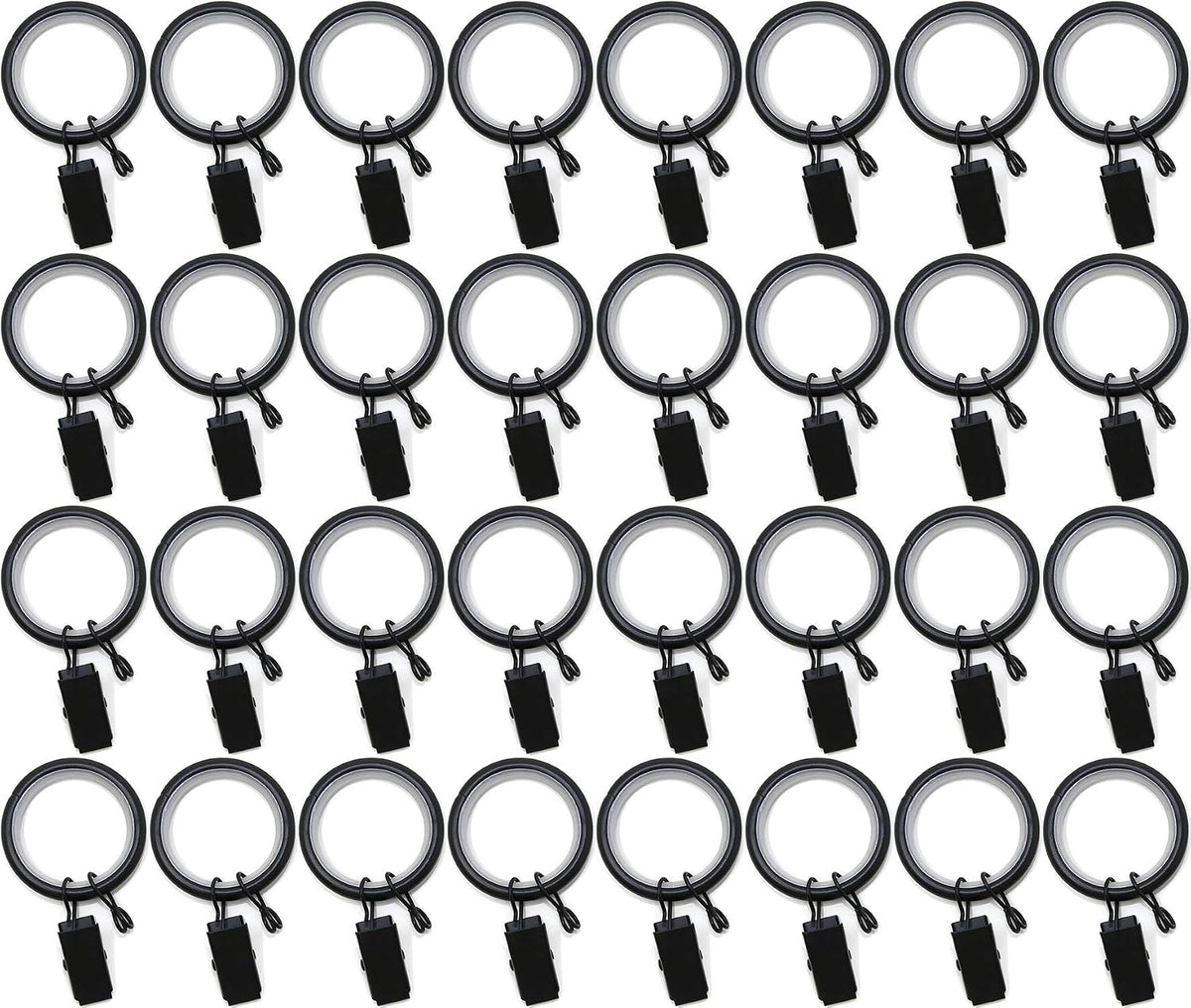 Urbanest 1.25" Quiet Smooth Drapery Curtain Rod Rings for 1" Rod with Clips, Eyelets and Nylon Inserts, 32 Pieces, Matte Black