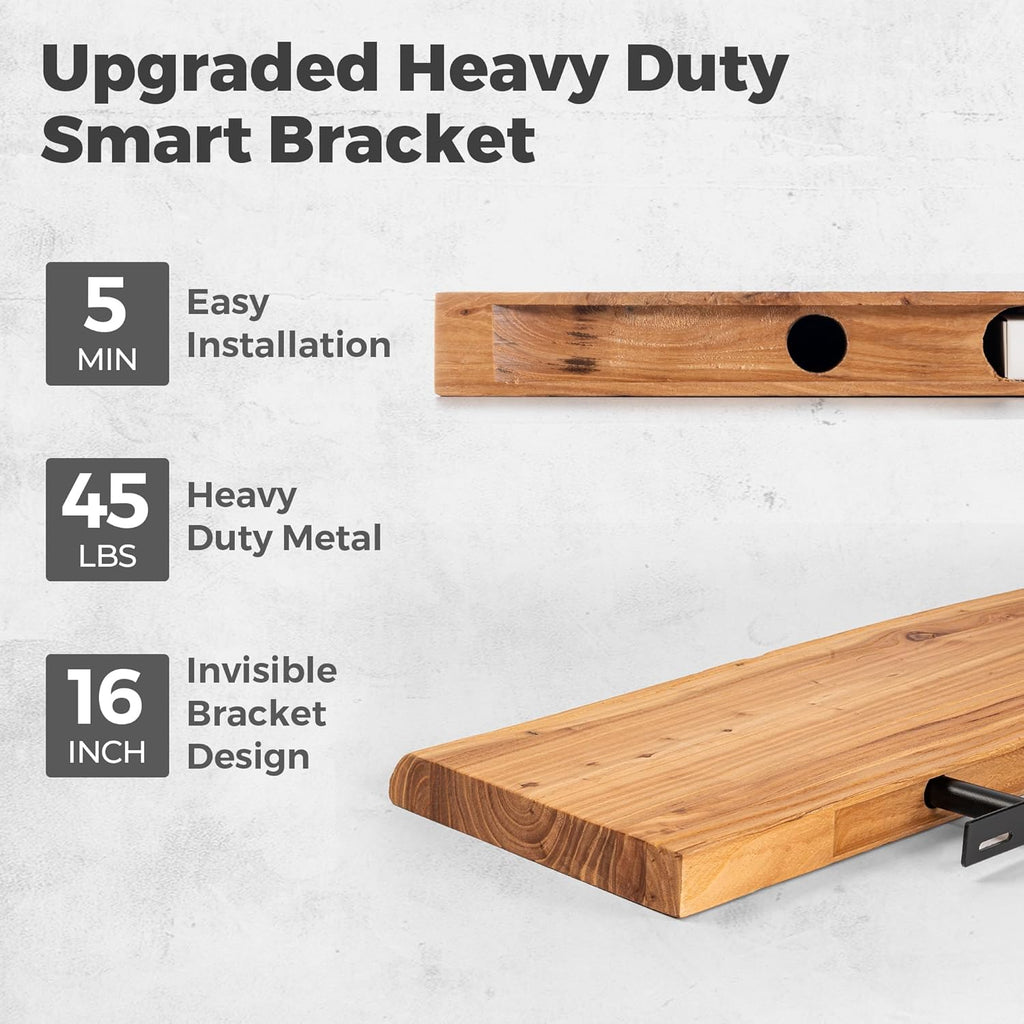 RICHFOCUS Live Edge Elm Floating Shelves - 30" W x 9.3" D Rustic Solid Wood Wall Shelves with Invisible Bracket, Wall-Mounted for Living Room, Bedroom, Kitchen Storage & Display, Set of 2, Natural